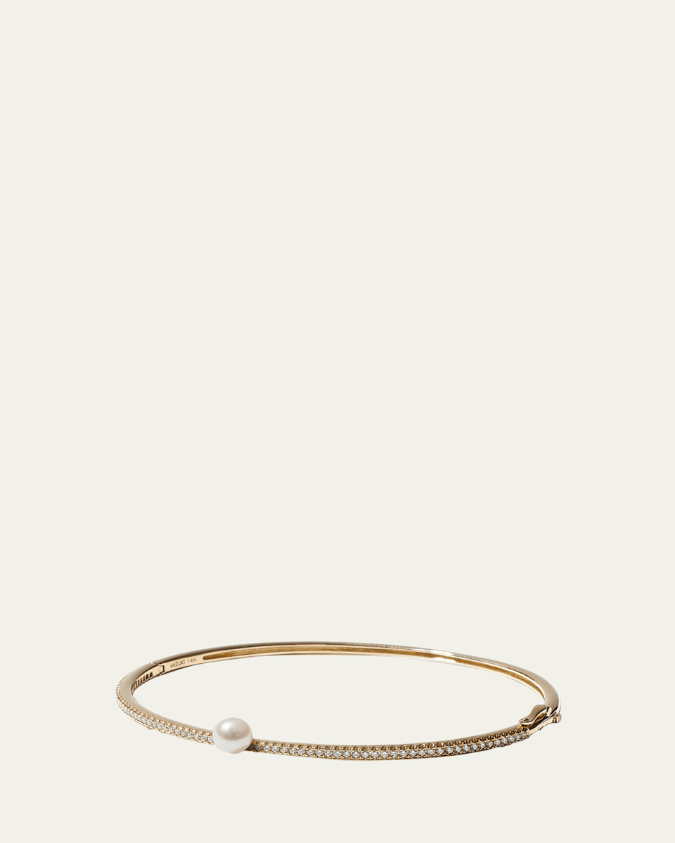 14K Yellow Gold Pave Diamond Hinged Bracelet with Freshwater Pearl